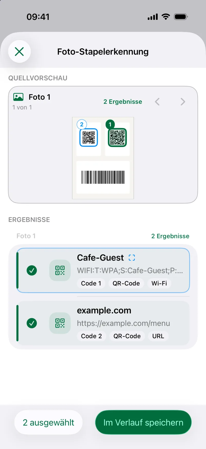 In Fotos und PDFs erkannte Codes prüfen