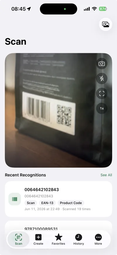 Scan QR codes and barcodes
