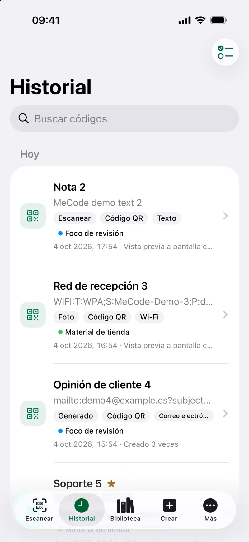 Buscar y filtrar el historial de códigos