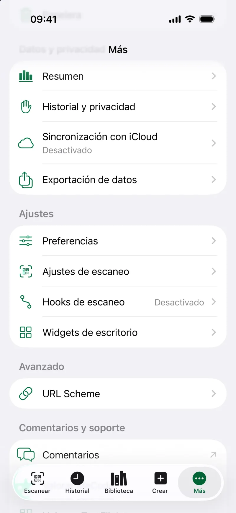 Ajustes de privacidad de MeCode en la app