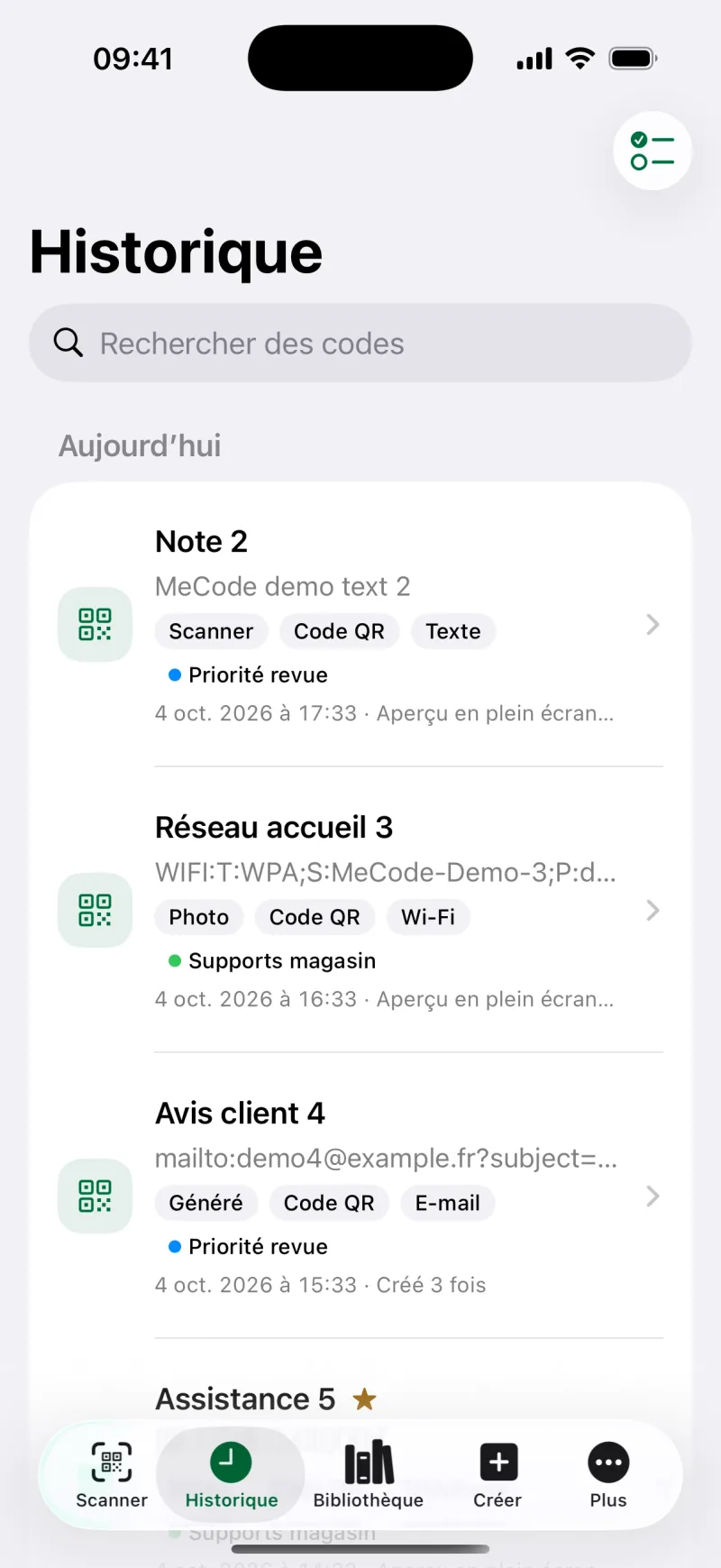 Rechercher et filtrer l’historique des codes