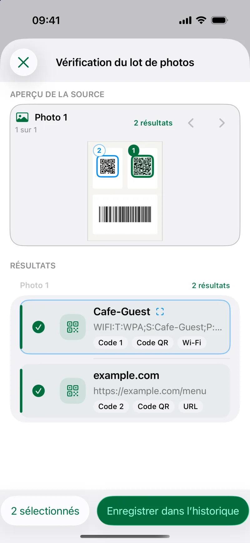 Vérifier les codes reconnus dans des photos et des PDF