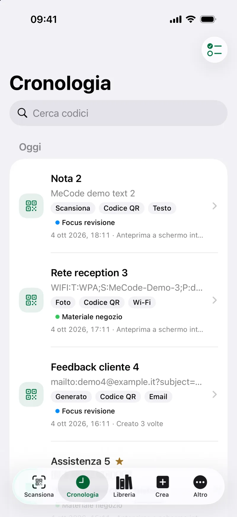 Cerca e filtra la cronologia dei codici