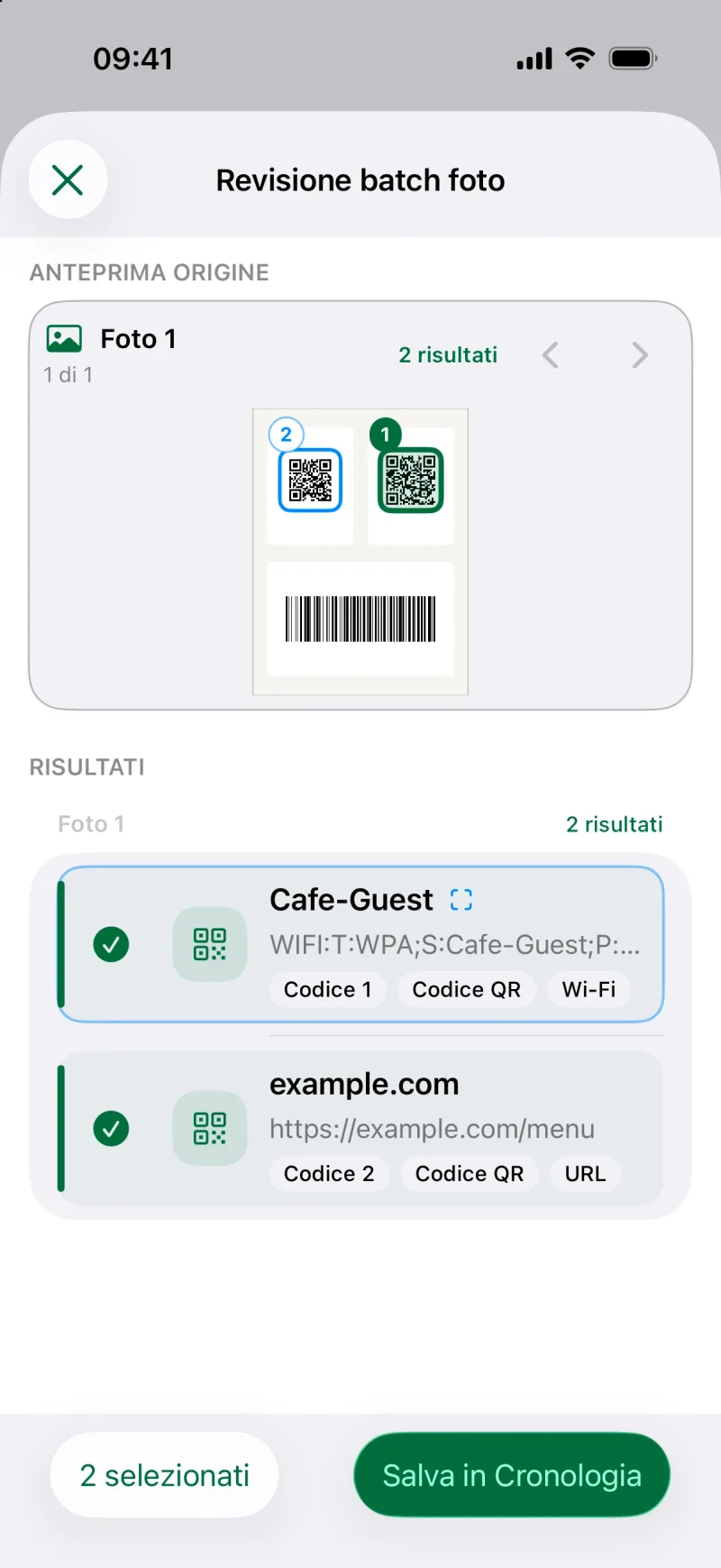 Rivedi i codici riconosciuti in foto e PDF