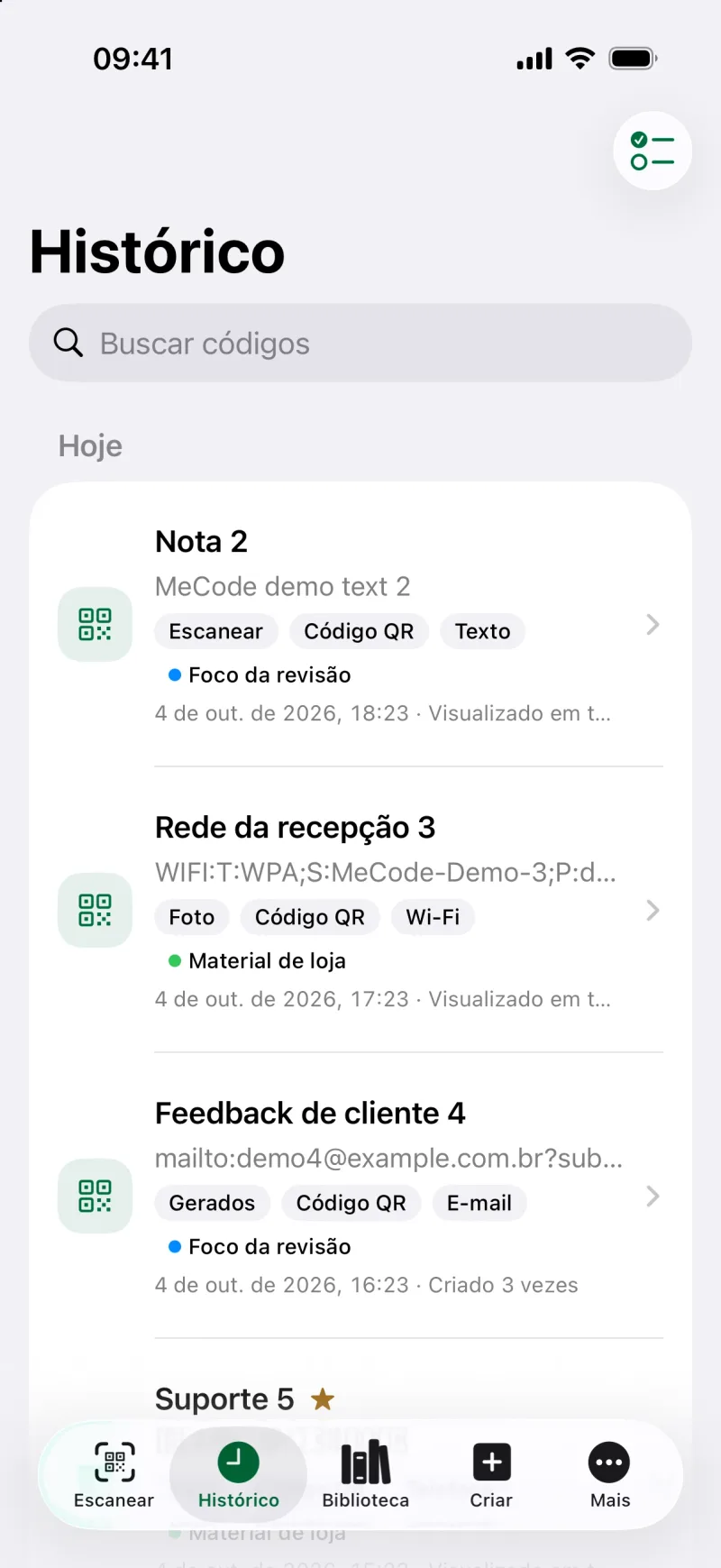 Buscar e filtrar o histórico de códigos