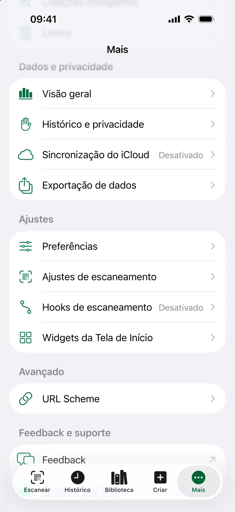 Ajustes de privacidade do MeCode no app