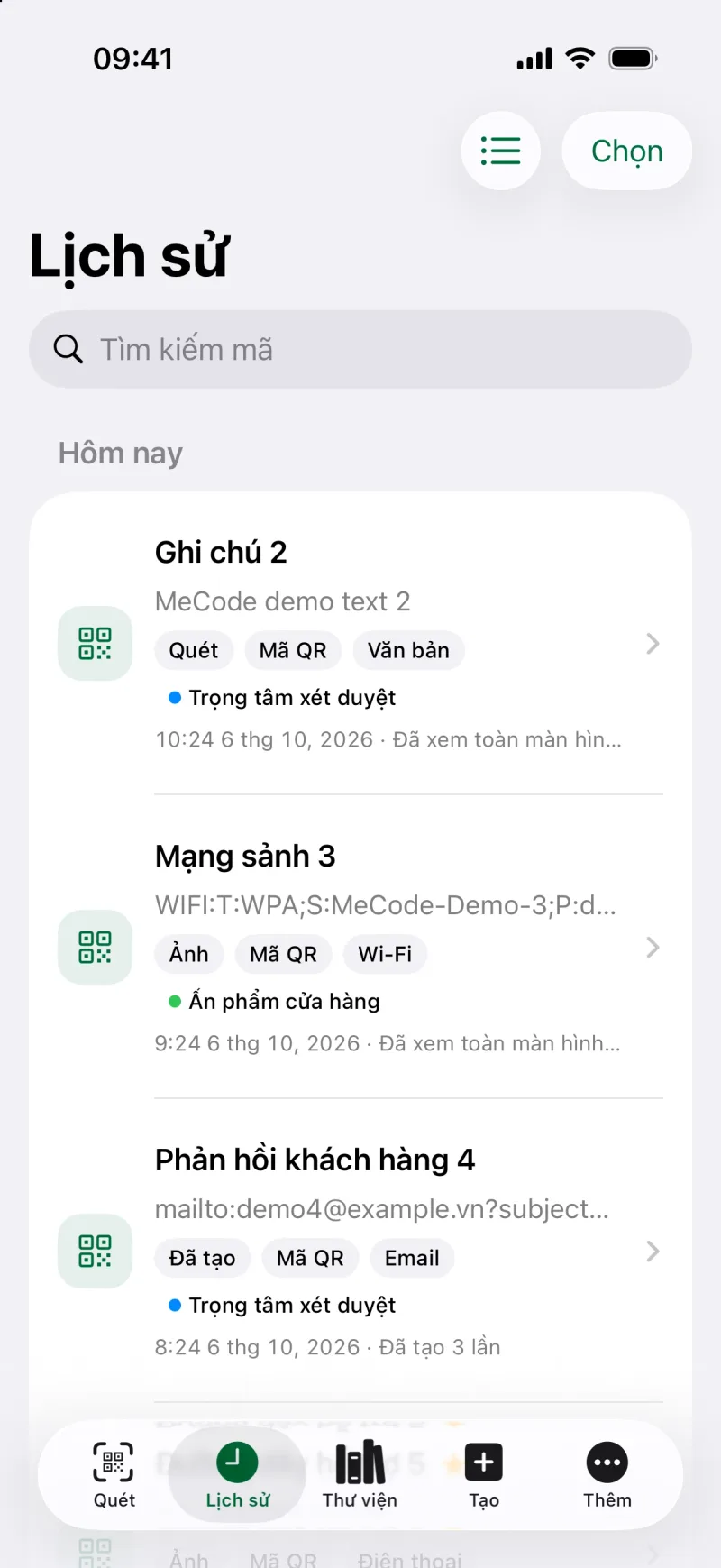 Tìm kiếm và lọc lịch sử mã